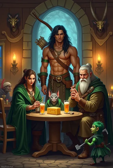 Generate an rpg style image d&d, containing 5 characters listed below, all in a tavern with the following characteristics:
A forest elf, very tall and thin, with tanned skin, greeneyes, long black hair and a huge handmade wooden bow on her back.
A half-elf...