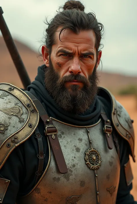 What Max Rockatansky&#39;s face would look like (from the movie mad max) Set in the Middle Ages and dressed in Polish Winged Hussar armor and in action pose, front view, with a thick beard
