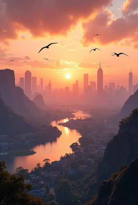 image of gta 6 city with lakes on one side and building on the other with incredible sunset and birds flying away with an incredible vibe and foggy weather