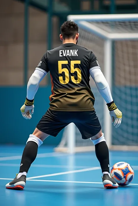 A futsal goalkeeper is guarding the goal wearing a jersey numbered 55 with the name EVANK using white kneepads and elbowpads without using armbands and a photo from the front while deflecting the ball with his feet.