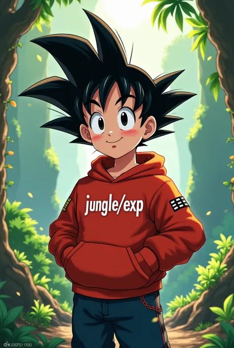 Create an image of Goten wearing a red sweatshirt that says JUNGLE/exp