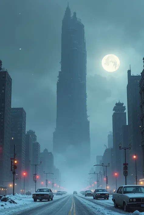 Make a landscape of a large modern city abandoned in the middle of a blizzard, as if I were in the middle of an apocalypse, only snow, place fog and snow snowing up the environment, with the scenery well destroyed, ruins, but that it is also a beautiful im...