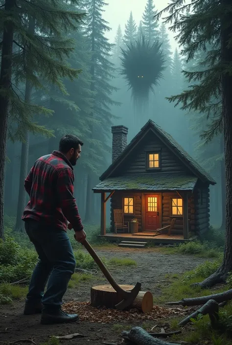 Create a cabin in a forest where a monster appears in the dark of the forest, with a man chopping wood