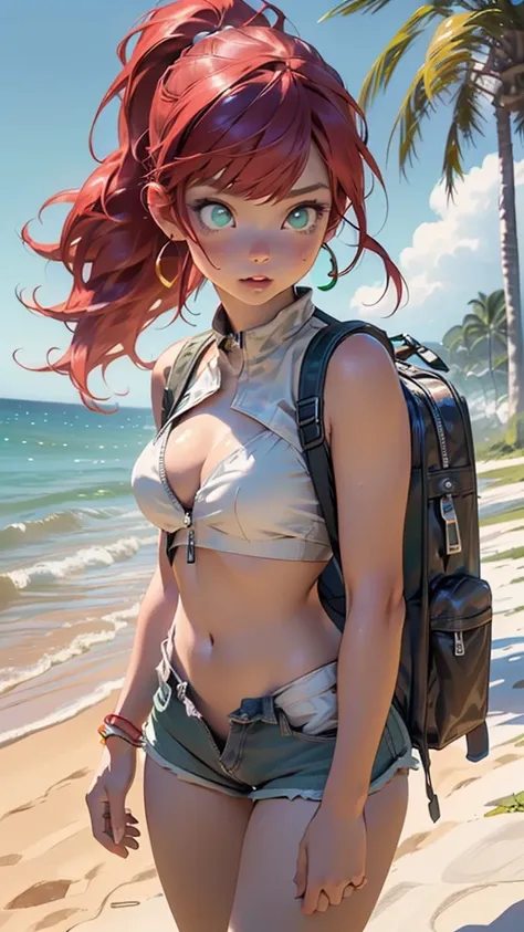 explorer girl,1girl,((extremely cute and beautiful red haired explorer girl)),(((1))),(large breasts:1.4),((((red hair:1.35,absurdly long unkempt hair,ponytail red hair,bangs,colored inner hair,ear breathing)))),(((green_eyes:1.3))),intricate eyes,beautifu...