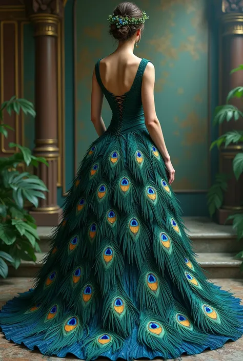 A long dress with peacock feathers