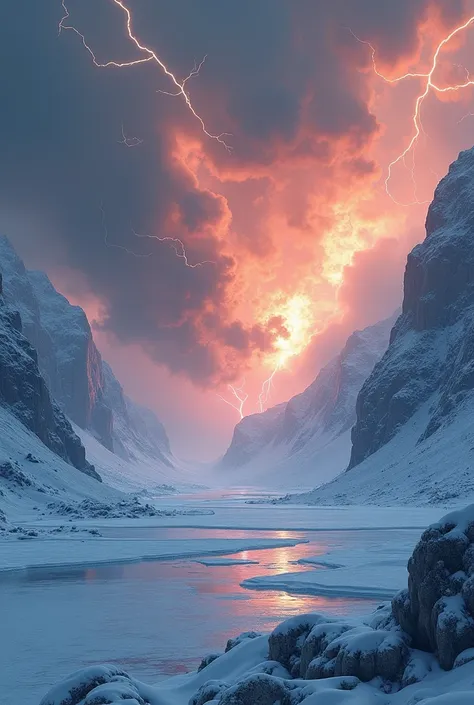 there is a field made of ice between 2 mountain and up in the sky there are flaming cloud and lightning