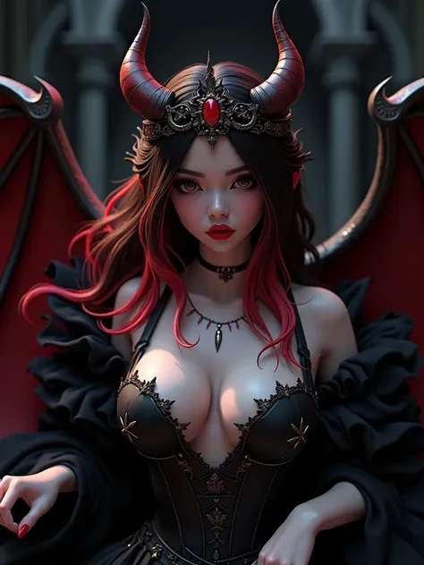 A cinematic medium shot of Venus in a dark fantasy anime-style setting. Venus has striking neon red and black hair, a large chest, and wears a crown. She has large Black Demon eyes and wears dark clothing. The background is a dark, gothic architecture. The...