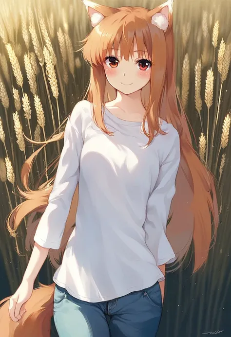 score_9, score_8_up, score_7_up, best quality, masterpiece, sfw, source_anime
BREAK
1girl, solo, holo (spice and wolf), cowboy shot, pants, shirt, wheat field, detailed background, blush, wolf tail, smile, evening
