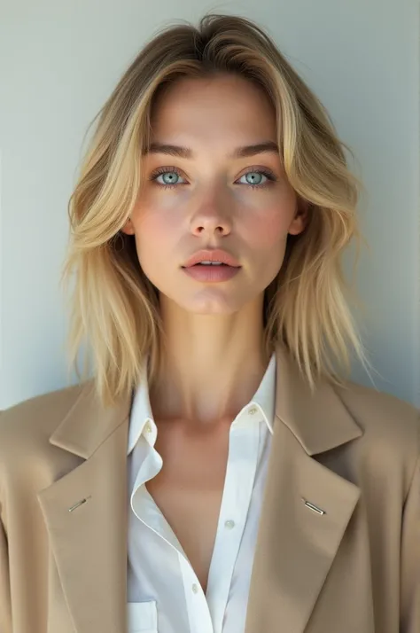 A blonde woman with medium layered hair, a beige coat with a white blouse underneath, with blue eyes