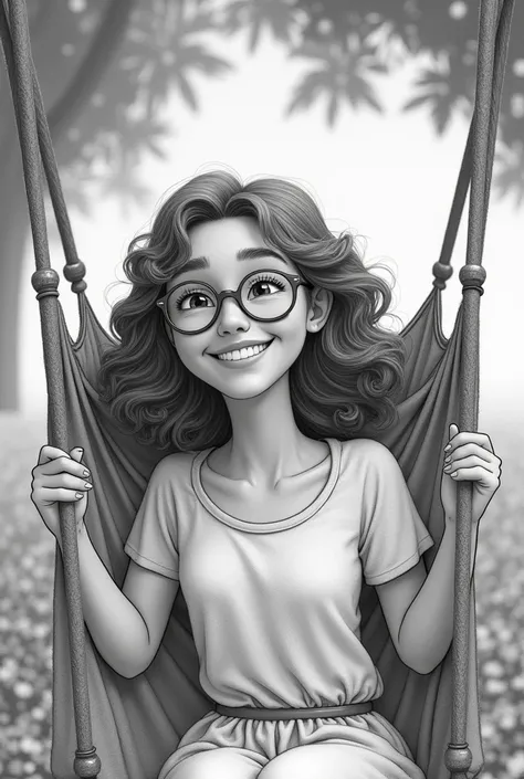 (A girl with short curly hair in a hammock. Jesus and the Virgin Mary swinging her in the hammock. This girl is 19 years old. I want it in animation format like a drawing. And I want it to be from further away. I want Jesus and the Virgin Mary to appear mo...