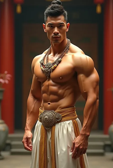 hyperrealistic image of extremely handsome chinese man, muscular bodybuilder, have glistening body, big pecs, golden skin, wearing a magical yellow crystal necklace and white and gold traditional pants, in ancient temple 