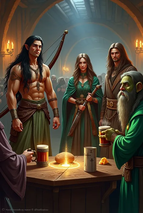 Generate an rpg style image d&d, containing 5 characters listed below, all in a tavern with the following characteristics:
A wood elf with tanned skin, long black hair and a huge bow on her wooden back.
A half-elf, half-human sorceress, in a greenish cloak...