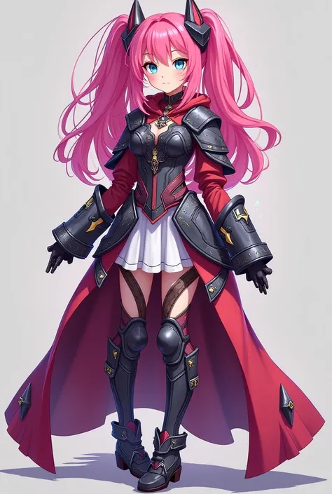 vtuber, character sheet, pink hair, blue eyes, armordress, diseño 2D, full body.