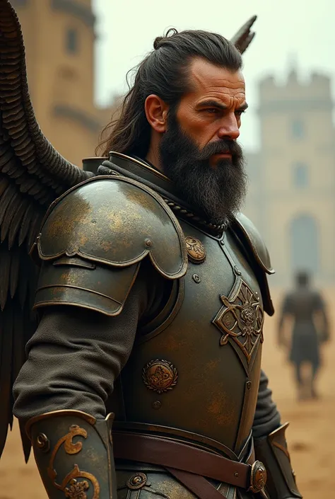 What Max Rockatansky&#39;s face would look like (from the movie mad max) Set in the Middle Ages and dressed in Polish Winged Hussar armor and in action pose, side view, with a thick beard
