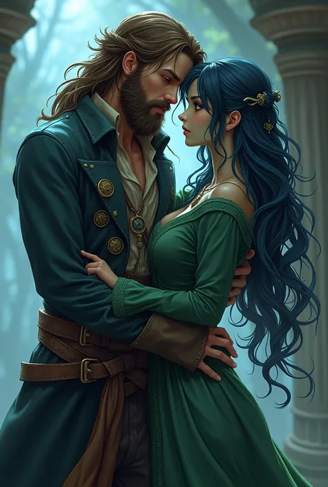 lying photo of a young couple in their 20s, a pirate with blue skin drinks, older pirate clothes with compasses, brown hair long beard hugging a medusa woman with greenish skin, hair with several snakes, green coat, he taking care of her, anime style chara...