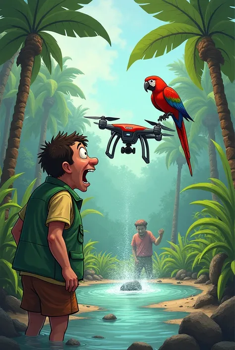 Drawing of a drone falling into a puddle and sinking. The natives continue to laugh, while the environmentalist in the green vest looks at the disaster, with the face of "PLOP". A parrot on a nearby branch mimics his expression. "PLOP".)