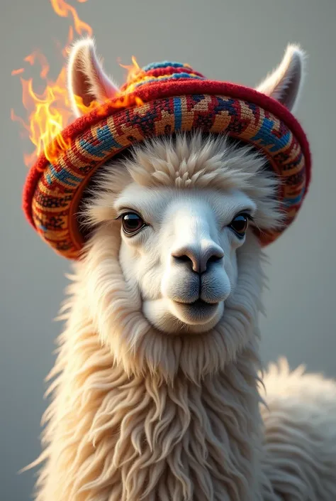 Change the image of the llama only from the hat to the traditional Peruvian chullo and the logo in Spanish "on fire"