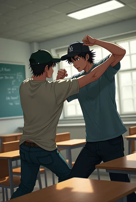 Young man in cap hitting his enemy in classroom anime version