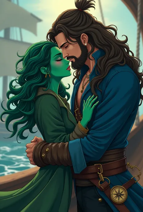 lying photo of a young couple in their 20s, a pirate man with blue skin drinks, older pirate clothes with compasses, brown hair long beard hugging a medusa woman with greenish skin, hair with several snakes, green coat, he taking care of her, anime style c...