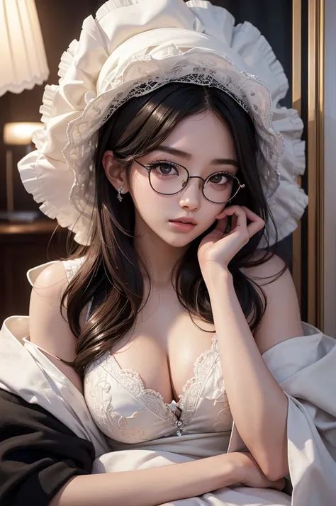 (Highest quality detail)、realist、8k ultra high definition、High resolution、(A woman),(Fatal beauty,charm) ,(circular glasses、charm misterioso:1.1),(big breasts、charming silhouette),Very detailed、High quality textures、intricate details、Extremely detailed CG、...