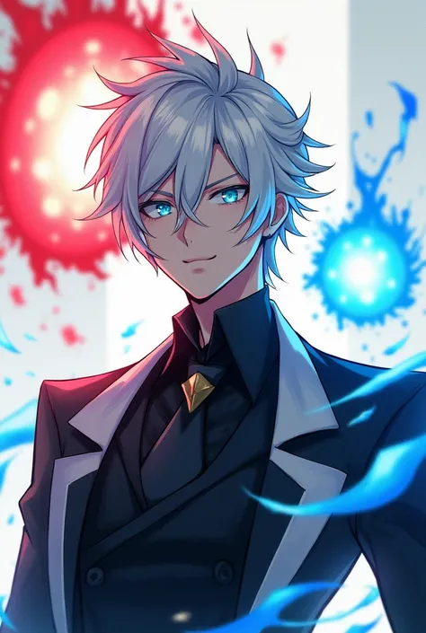 White haired blue eyed well built japanese man with 2 orbs around him with the color red for the 1st orb and blue for the 2nd orb, but make him simple, also his name is Gojo Satoru