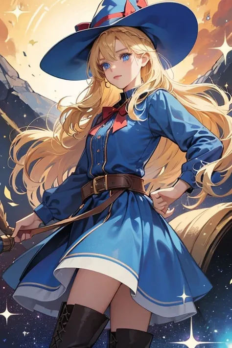 Witch is blonde, blue-eyed, and wears mostly blue (in her hat, boots, and dress, specifically.), with various details such as a brown band around the top of the waist in older games, and in newer games, the band is red with a bow behind it. A bow below her...