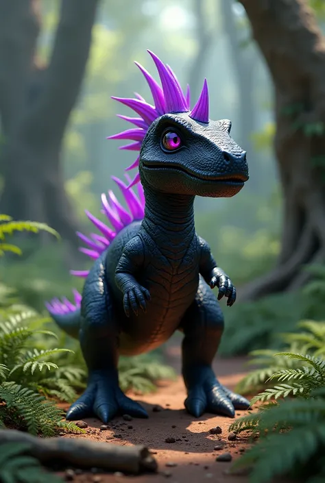 a baby T-Rex with black scales all across his body and purple spikes, his height is at 2 feet and 6 inches tall, and he has purple eyes.