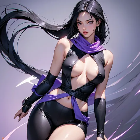 Psylocke, straight black hair, athletic and toned body, sexy, medium breasts and thick thighs, low-cut bodysuit, purple scarf tied around the waist, super tight black leggings marking the body, her left arm is covered in tattoos