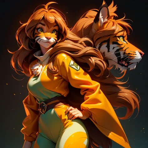 envision a 8k, highres, cinematic, beautiful extreme close up face Pinup of a cute furry female anthro, with a slender muscular body, long brown hair, long bangs, yellow eyes, Orange and White Fur, Tiger Stripes, Green Jacket, ((((! Girl)))), ((Flora Twoki...