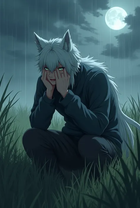 a sad crying man with furry white wolf-like ears and tail, kneeling in a field of tall grass under a rainy sky, beautiful detailed eyes, beautiful detailed lips, extremely detailed face, longeyelashes, (best quality,4k,8k,highres,masterpiece:1.2),ultra-det...