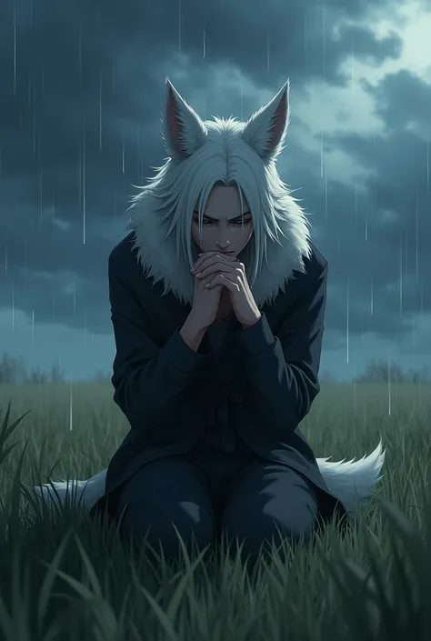 a sad crying man with furry white wolf-like ears and tail, kneeling in a field of tall grass under a rainy sky, beautiful detailed eyes, beautiful detailed lips, extremely detailed face, longeyelashes, (best quality,4k,8k,highres,masterpiece:1.2),ultra-det...