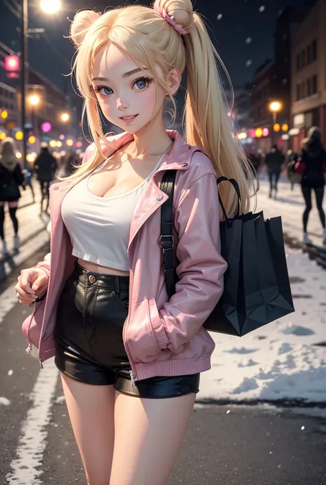 1 girl, (masterpiece), best quality, expressive eyes, perfect face, Usagi, busty, extremely long blonde moon bun hair in ponytails, pink open cleavage spaghetti strap shirt, black leather coat, short cuffed jean shorts, black full leggings under shorts, pi...