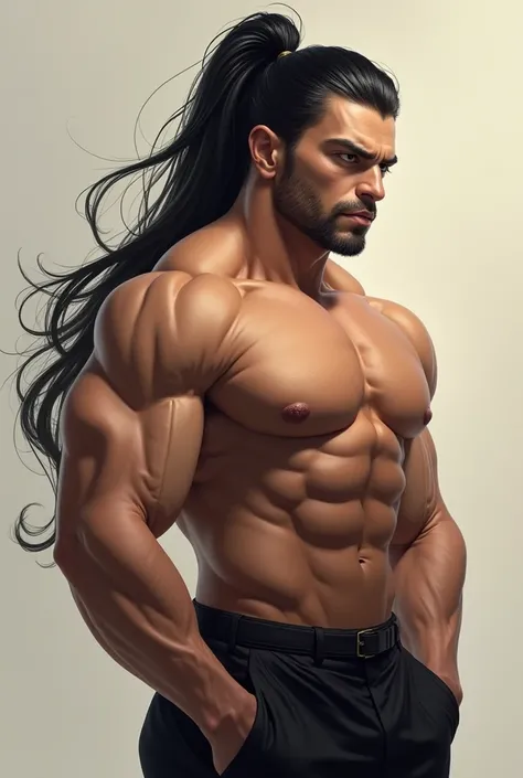 A sexy and imposing man in his 40s muscular with long black hair tied back 