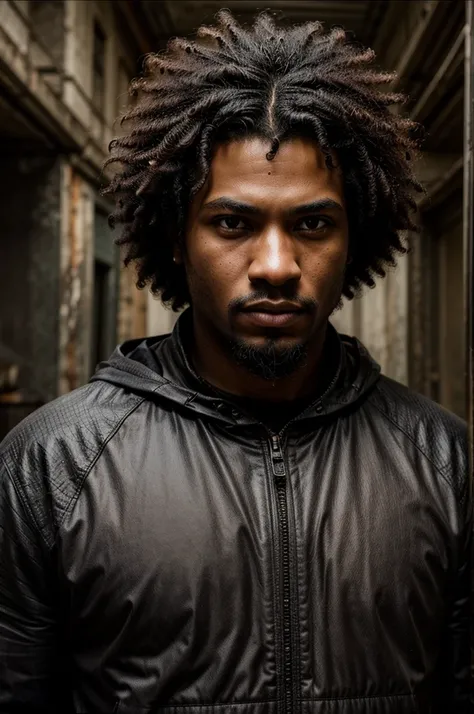 ((best quality)), ((Work of art)),((detailed)), man afro, black, young, short curly hair, serious look, short beard, post-apocalypse