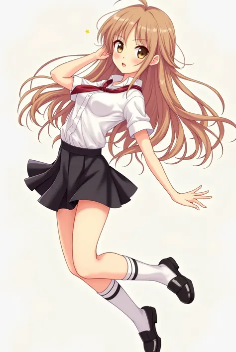  girl with long light brown hair, Brown eyes, with short black skirt, a white blouse, white socks with black lines, black shoes. anime style 