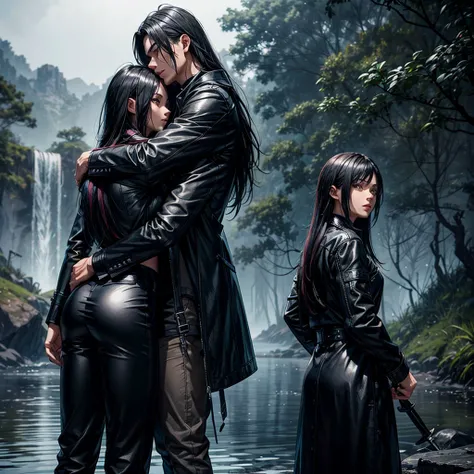 Private agent with the following characteristics; half wolf half human, long black hair with white highlights, wearing a leather overcoat, a sword in the back, Torn pants. He is standing admiring a lake as the rain falls very slowly. Beside him there is a ...