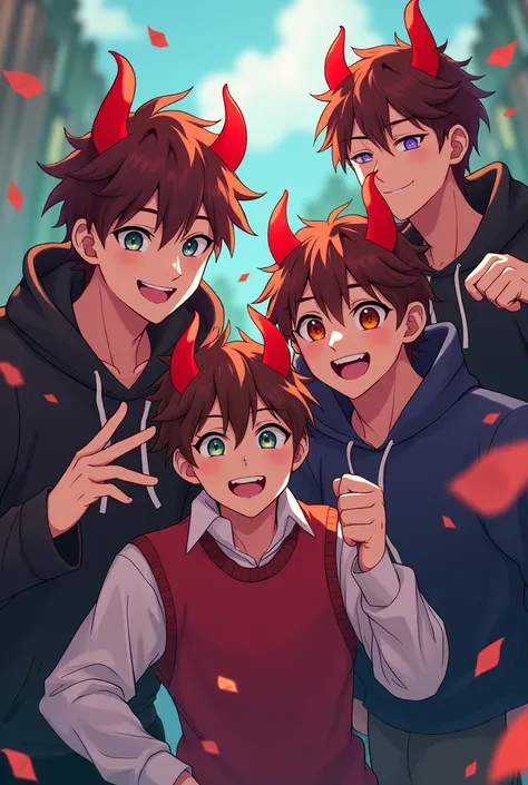 A group of boys friends having red horn like devils
Anime version 