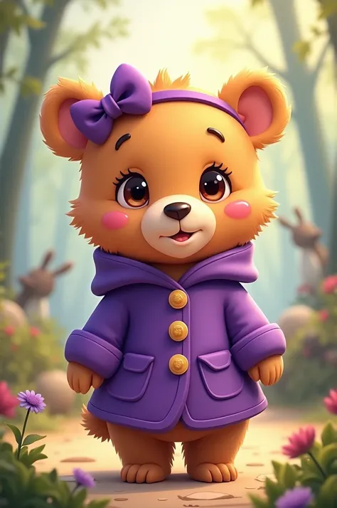 baby bear girl with purple clothes and accessories, cartoon art