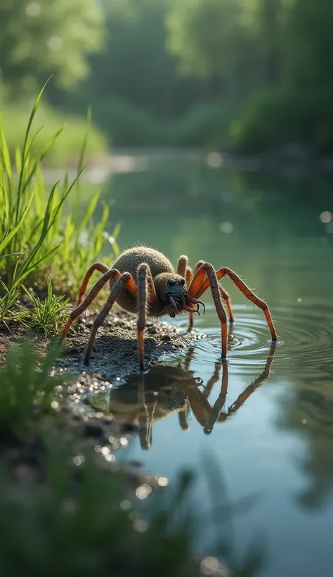 A spider on the muddy bank of a quiet lake partially submerged in water. On the grassy ground, watch carefully.   The background is greenery.   This scene captures together and wildlife in a calm and natural environment.