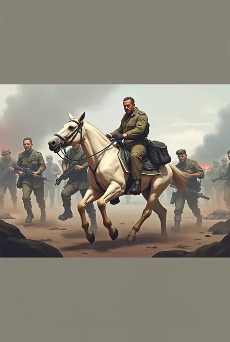 A general on horseback leads a group of running soldiers carrying guns and evacuating the battlefield. The background is a battlefield filled with smoke and flames.