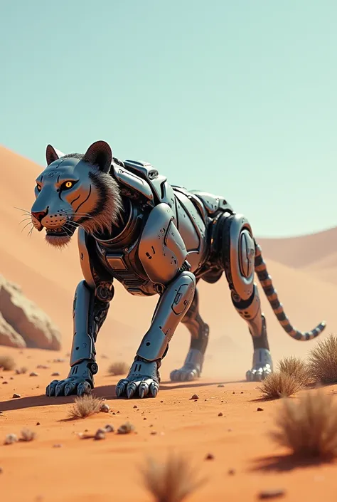 A robot tiger in a desert 