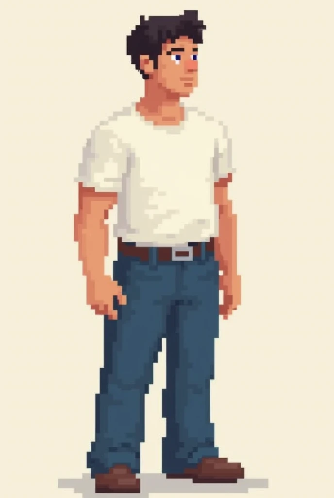 Create a pixel art character (man)
light brown with a white t-shirt and blue pants for a small survival game 
