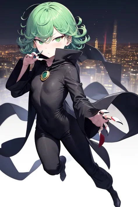 Masterpiece, best quality, ultra detailed, illustration, lighting epic, cinematic composition, 1 girl, Tatsumaki, short hair, green hair, very small breasts, green eyes, bright eyes, pouting, blushing, closed mouth, piercing gaze, full body, black scarf, b...