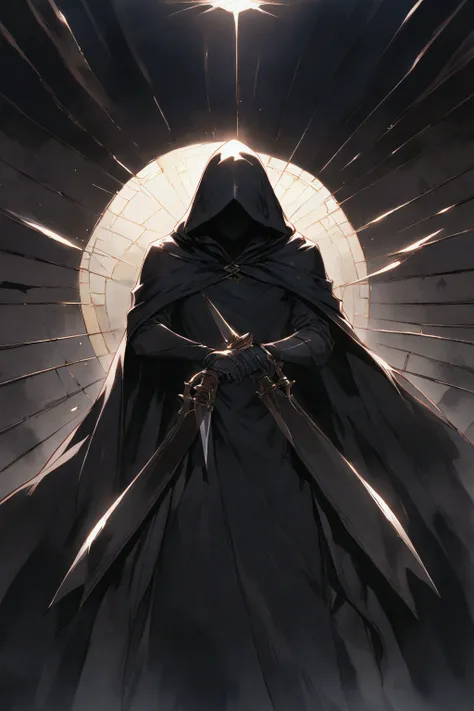 make a male assassin in a black cape with a hood covering half of his face using two daggers