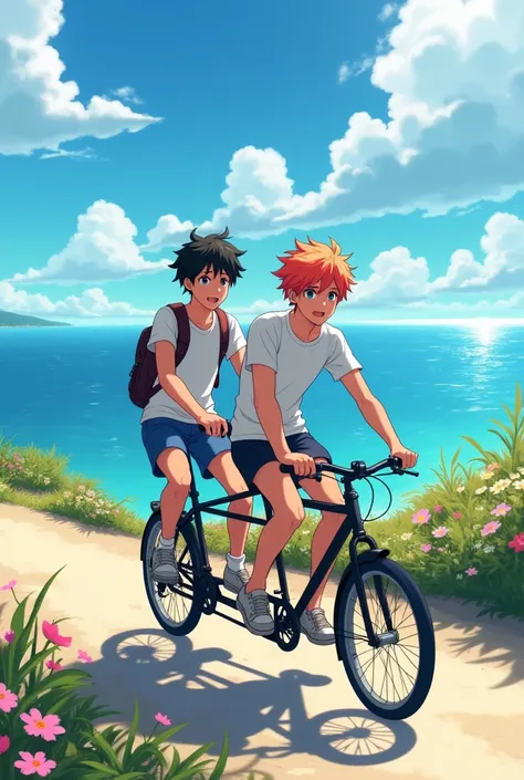 Two male teenagers one of them is black and has blond hair with black and the other is pale with red hair they are on a bicycle for two they are wearing light summer clothes they are on a road overlooking the sea and a beautiful field of flowers the image ...