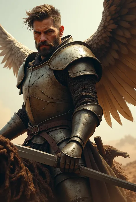 What Max Rockatansky&#39;s face would look like (from the movie mad max) Set in the Middle Ages and dressed in Polish Winged Hussar armor and in action pose, side view, with short and messy hair, with a thick beard
