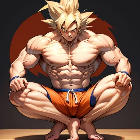 (A detailed drawing of goku, naked Body , Bodybuilding-Fitnessstudio.), with bare upper body, oiled body, Tearing clothes, the strongest of all, huge muscular body, Big Bizeps, large shoulders, muscle legs,abs, barefoot, Martial arts, occurs, full body pic...