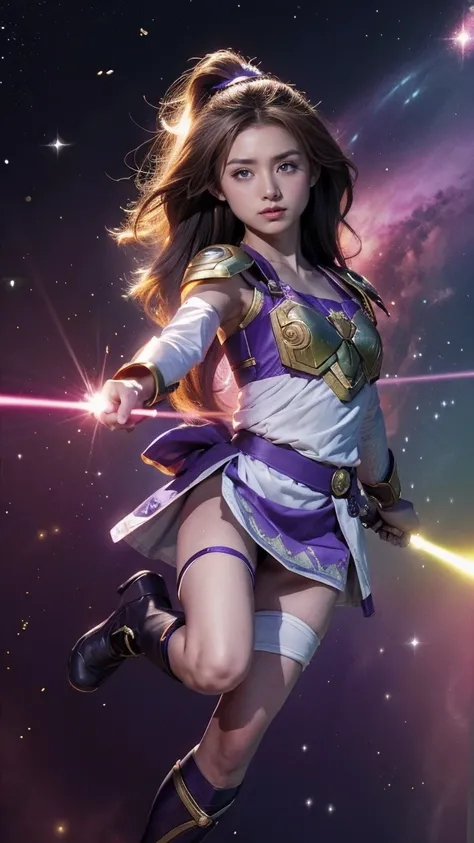 (1girl) inconceivable and spectacular an emergency scene of a cloud figure Sophie Turner in a 宇宙の cloud, フラクタルnebula連鎖, Space Goddess,Embodying the Purple Ray of Courtesy, 8k、Black Hair、A goddess in purple armor with gold trim、White Skirt、White boots、Holdi...