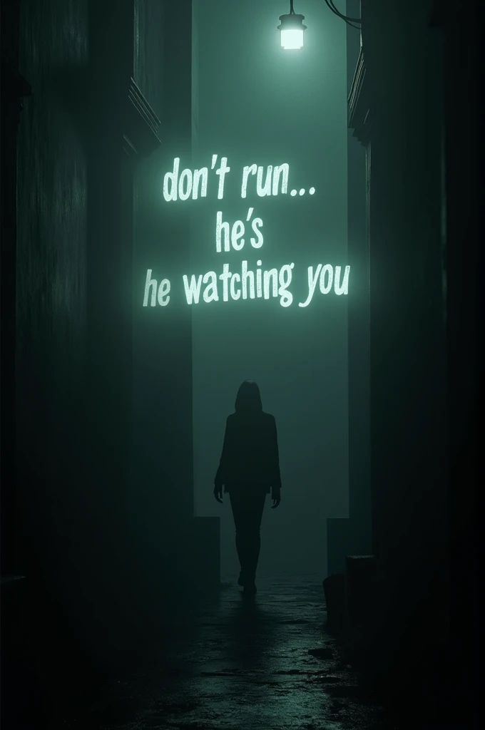 The words "Dont run... hes watching you" floating eerily in the dark, with the suggestion of a sinister presence nearby.