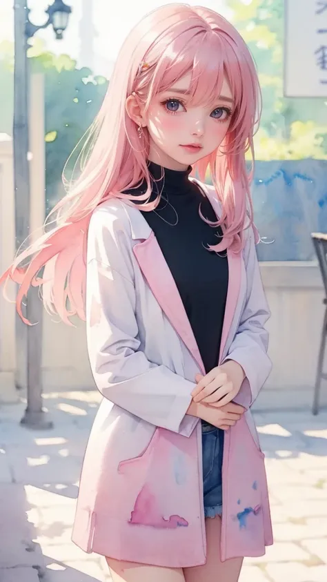 (((Blurred background、Watercolor style background)))、A girl、１６talent、anatomy、Light pink eyes、#11: Loosely Braided Low Ponytail、Light pink hair、Small Breasts、Black open collar dress、Transparent lace dress、translucent、Random Pause、best quality、high resolutio...